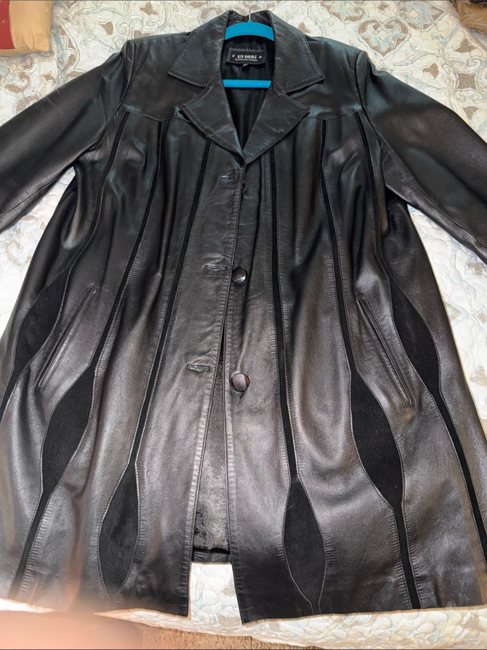 Women's Black Leather Paneled Coat -